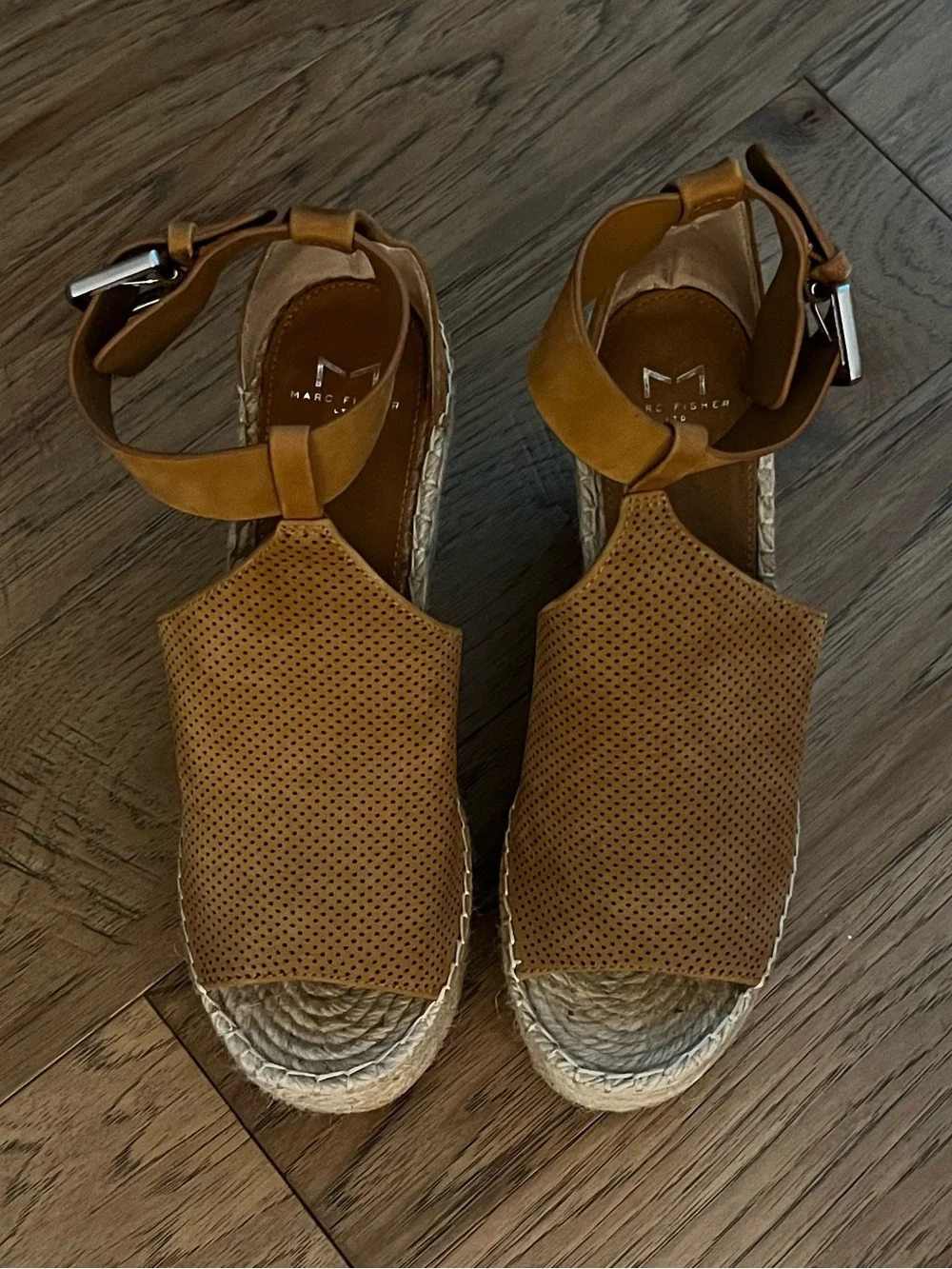 Marc Fisher Cognac Perforated Espadrille Wedge Sandals with Ankle Strap